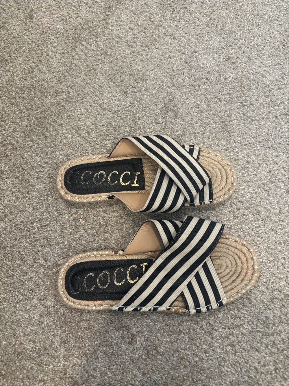 CCOCCI Black and cream Striped Crisscross Espadrille Slide Sandals